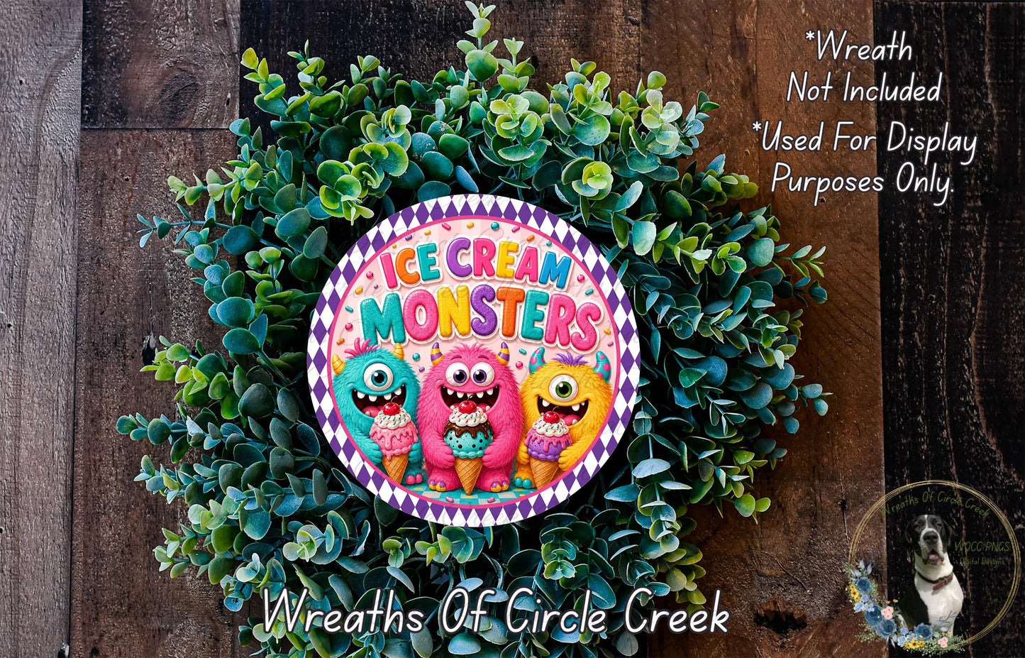 a wreath made of green plants and colorful cartoon monster characters, with the text "Ice Cream Monsters" displayed on the wreath.