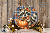 A raccoon wearing a bow tie is holding a pumpkin, surrounded by autumn leaves and flowers, with a plaid background.