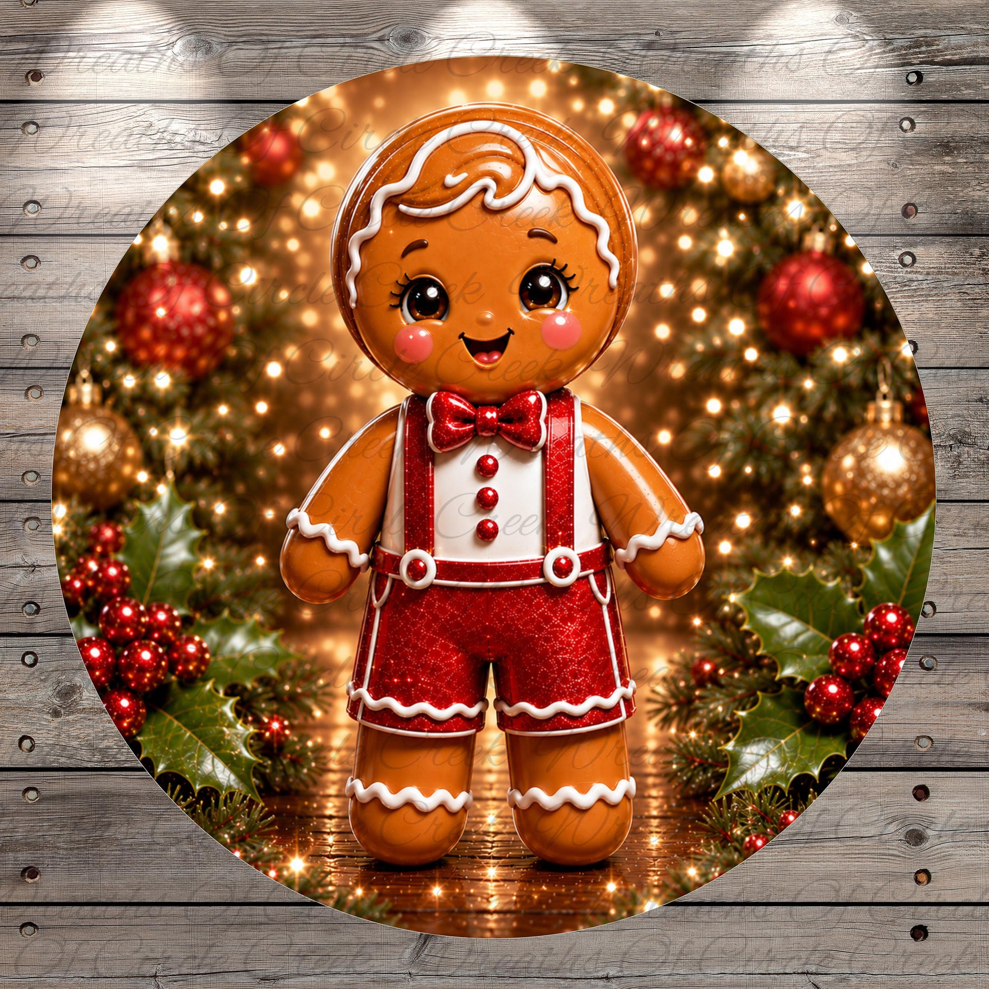 A gingerbread man figure wearing a red bow tie and red and white striped pants, standing in front of a Christmas tree decorated with red and gold ornaments and surrounded by holly leaves and berries.