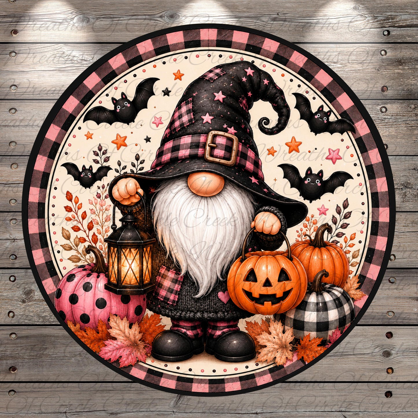 A gnome wearing a black hat with stars and holding a lantern is surrounded by pumpkins, bats, and autumn leaves, all set against a wooden background.