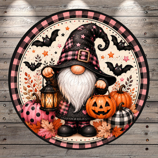 A gnome wearing a black hat with stars and holding a lantern is surrounded by pumpkins, bats, and autumn leaves, all set against a wooden background.