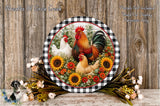 a decorative round plate with a vibrant floral arrangement of sunflowers, roses, and roosters, set against a rustic wooden background.