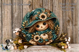 A decorative wreath featuring a scarecrow-like figure with a hat and floral elements, placed on a wooden surface with flowers and greenery.