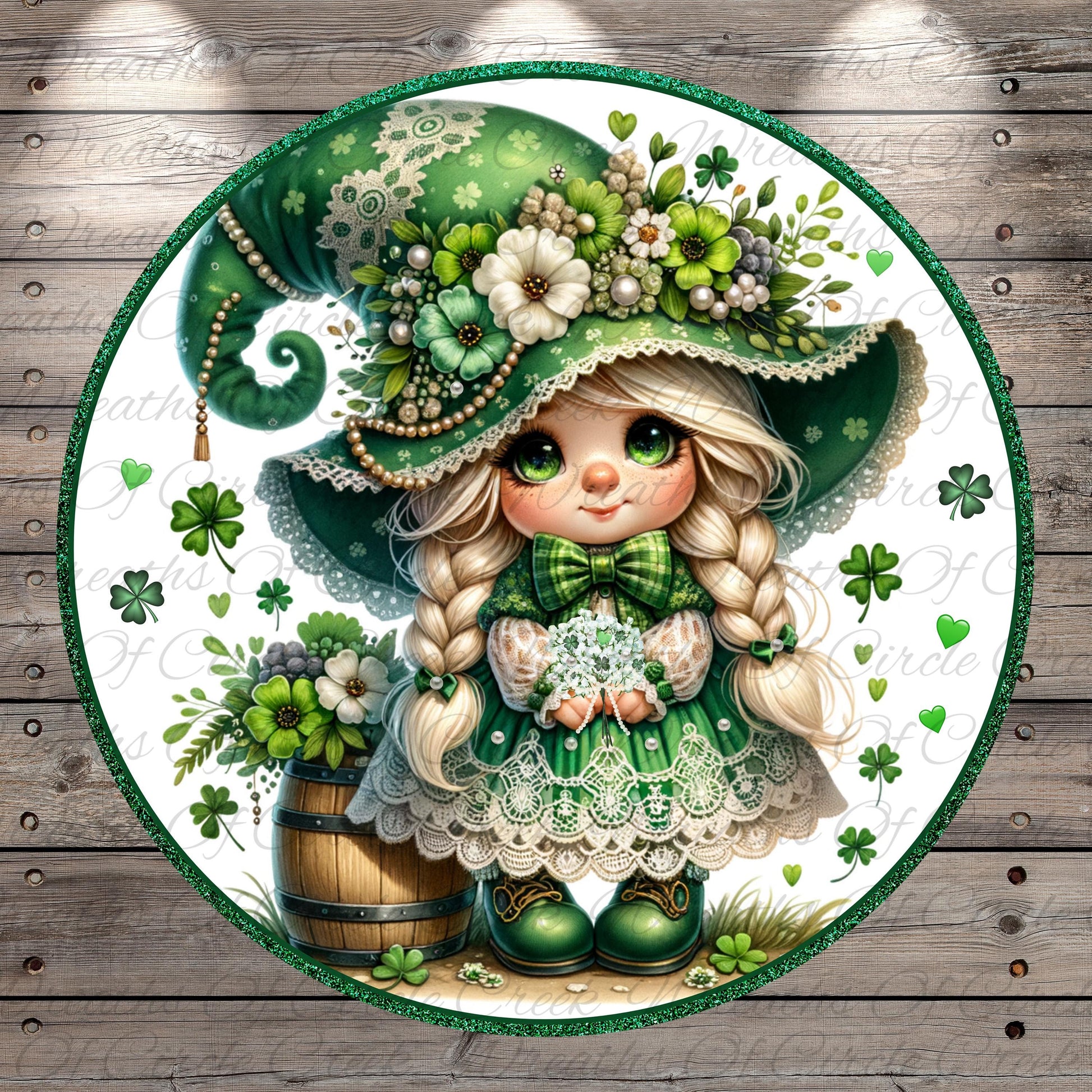 A whimsical illustration of a young girl wearing a green hat adorned with flowers and shamrocks, surrounded by a lush, green landscape with a barrel and other decorative elements.