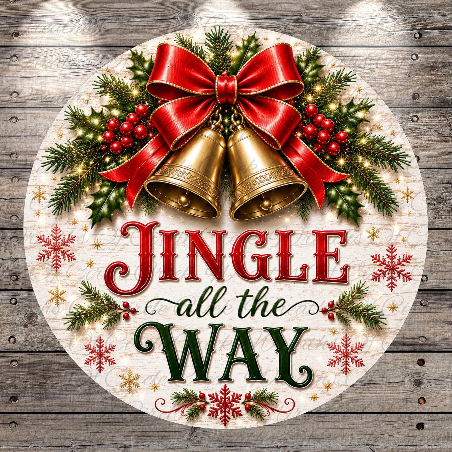 A festive Christmas-themed image with a jingle bell, a red ribbon, and a "Jingle all the Way" sign. The background is a wooden surface with snowflakes and greenery.