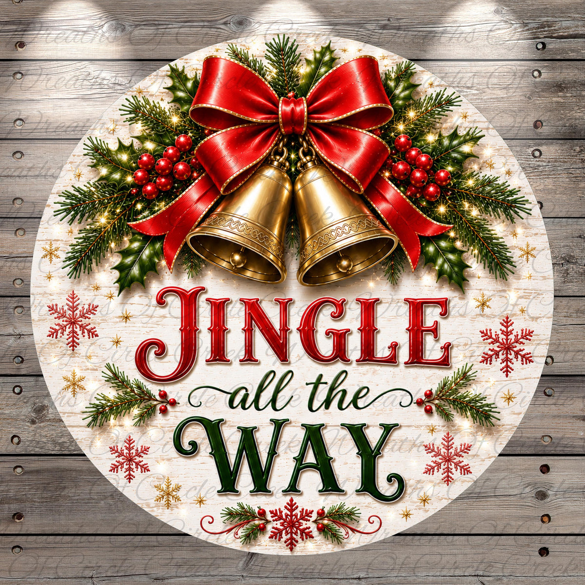 A festive Christmas-themed image with a jingle bell, a red ribbon, and a "Jingle all the Way" sign. The background is a wooden surface with snowflakes and greenery.