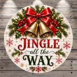 A festive Christmas-themed image with a jingle bell, a red ribbon, and a "Jingle all the Way" sign. The background is a wooden surface with snowflakes and greenery.