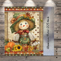 A colorful and whimsical illustration of a scarecrow or scarecrow-like figure, adorned with autumn-themed elements such as pumpkins, sunflowers, and other seasonal decorations. The image is framed by a decorative border and appears to be part of a larger collage or artwork.