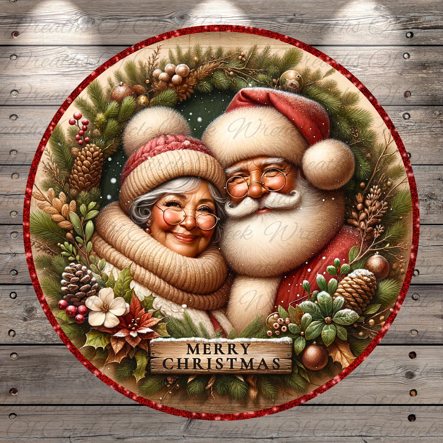 Santa Claus and an elderly woman are depicted in a festive wreath, surrounded by pine cones, berries, and other holiday decorations. The text "MERRY CHRISTMAS" is displayed in the center of the wreath.