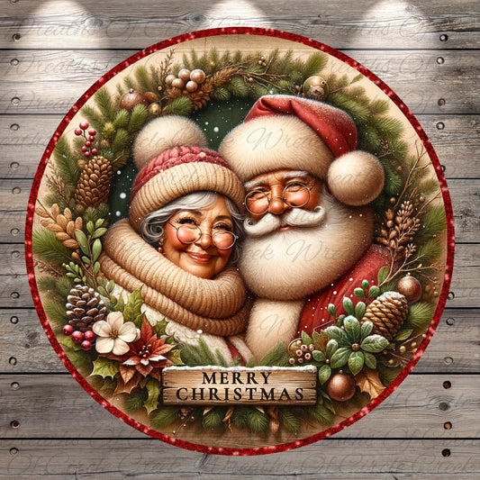 Santa Claus and an elderly woman are depicted in a festive wreath, surrounded by pine cones, berries, and other holiday decorations. The text "MERRY CHRISTMAS" is displayed in the center of the wreath.