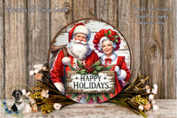 A festive holiday scene featuring Santa Claus and his reindeer, with a sign that reads "Happy Holidays". The background is a rustic wooden wall, and there are flowers and greenery surrounding the sign.