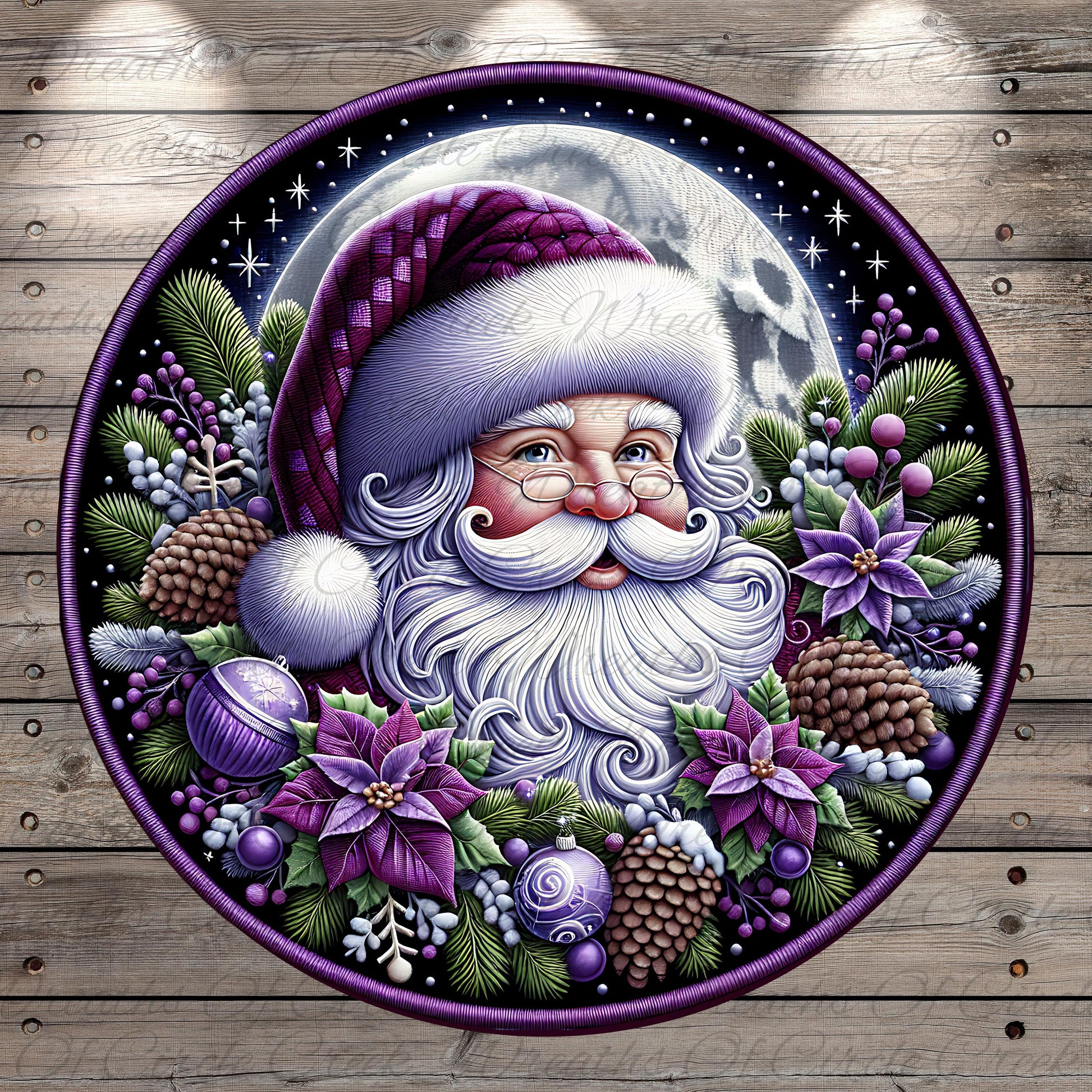 A detailed illustration of Santa Claus wearing a purple and white hat, surrounded by a wreath of flowers, pine cones, and other festive elements, with a full moon and stars in the background.