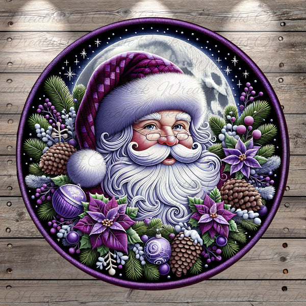 A detailed illustration of Santa Claus wearing a purple and white hat, surrounded by a wreath of flowers, pine cones, and other festive elements, with a full moon and stars in the background.