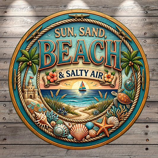 The image is a circular sign with a beach theme, featuring a sailboat, palm trees, a castle, and various beach elements.