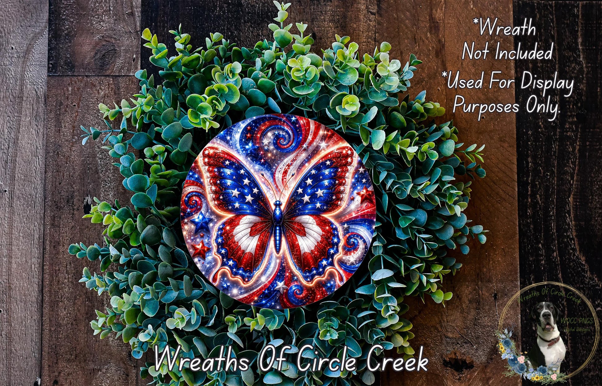 A wreath made of green leaves and a large, colorful butterfly design at the center, with a wooden background.