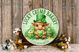 a circular sign with a cartoon pig wearing a green hat and holding a heart-shaped object, surrounded by various festive elements such as flowers and a cake.