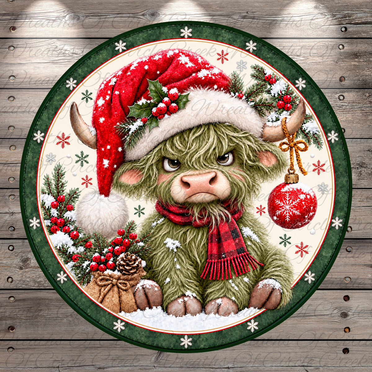 A whimsical illustration of a green, furry animal wearing a red Santa hat and scarf, surrounded by Christmas decorations such as berries, pine branches, and a snowman.