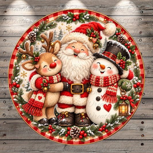 A festive Christmas scene featuring Santa Claus, a reindeer, and a snowman, all surrounded by a wreath and berries.