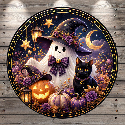 A Halloween-themed illustration featuring a witch, a black cat, pumpkins, a lantern, and a crescent moon, all set against a starry night sky background.