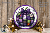 a Halloween-themed wreath with a patchwork pumpkin design, purple bow, and a ghost. The wreath is displayed on a wooden surface, surrounded by flowers and greenery.