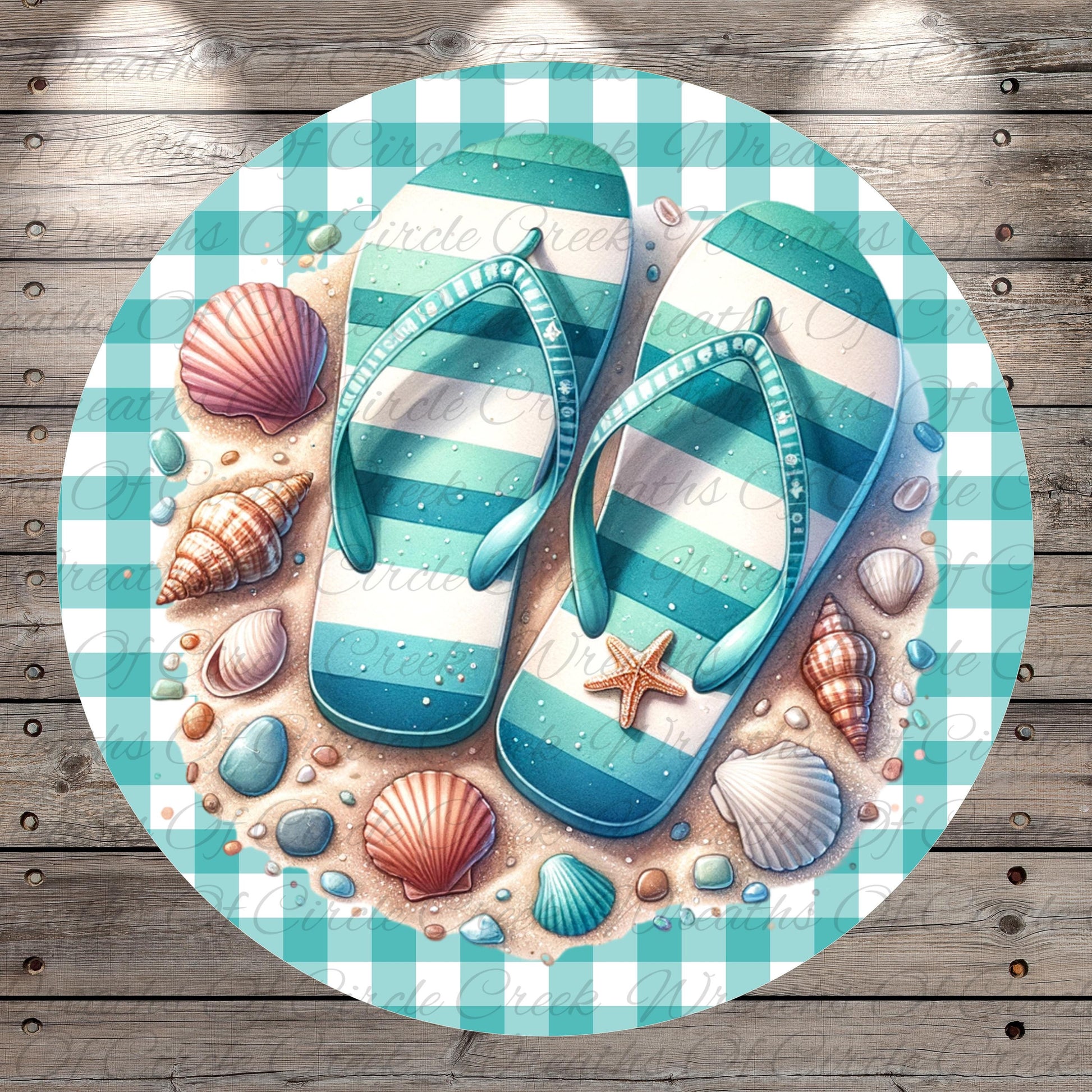 A pair of blue and white striped flip-flops rests on a beach scene, surrounded by seashells, rocks, and starfish.