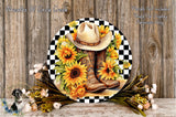 a decorative arrangement of sunflowers, cowboy boots, and a checkered border, all set against a wooden background.