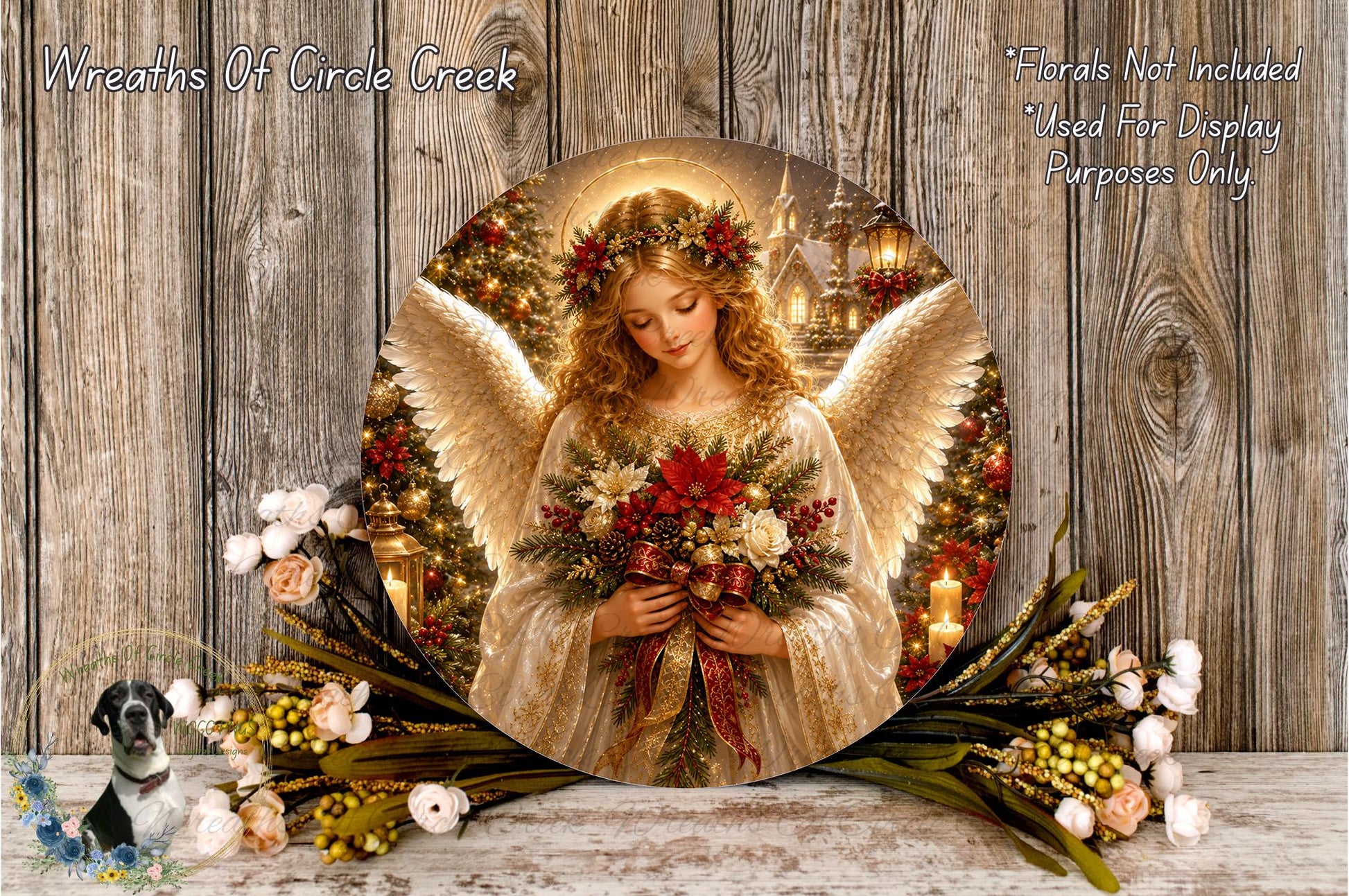 A round, decorative print featuring an angel holding a bouquet of flowers, surrounded by a wreath of flowers and greenery, against a wooden background.