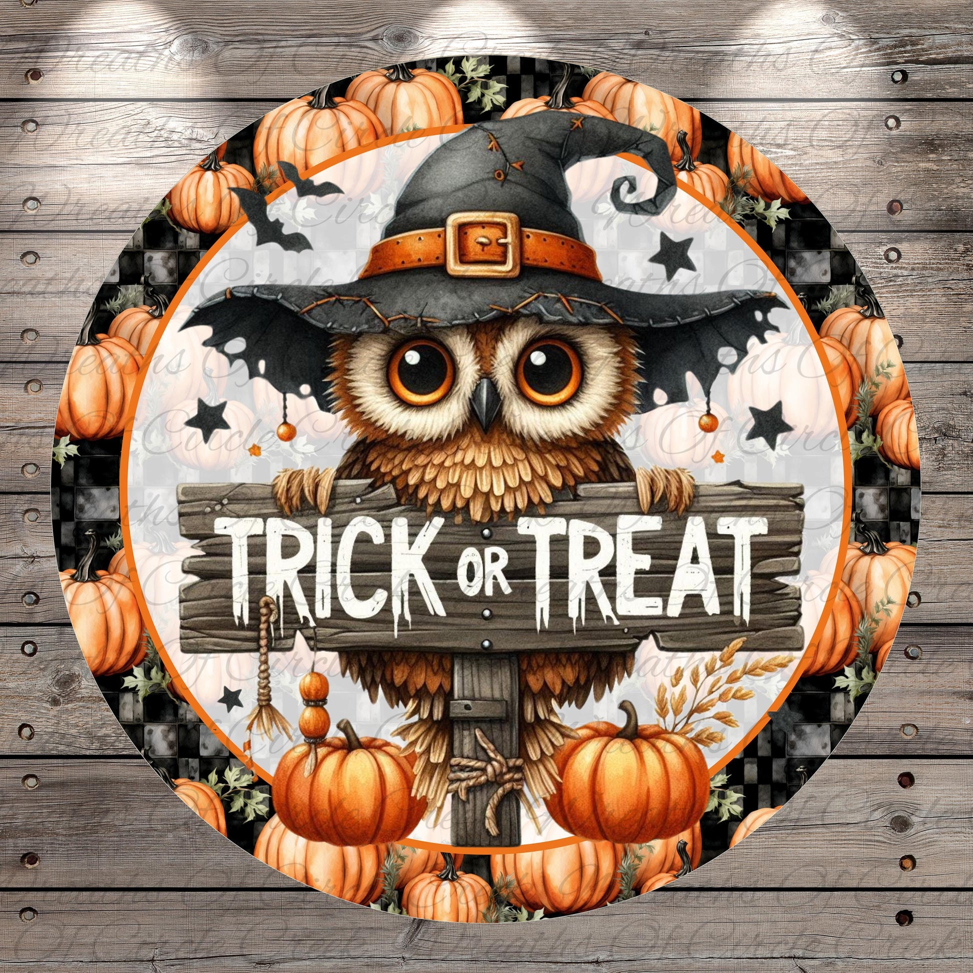 A whimsical illustration of an owl wearing a witch's hat and holding a sign that says "Trick or Treat", surrounded by pumpkins and stars against a wooden background.