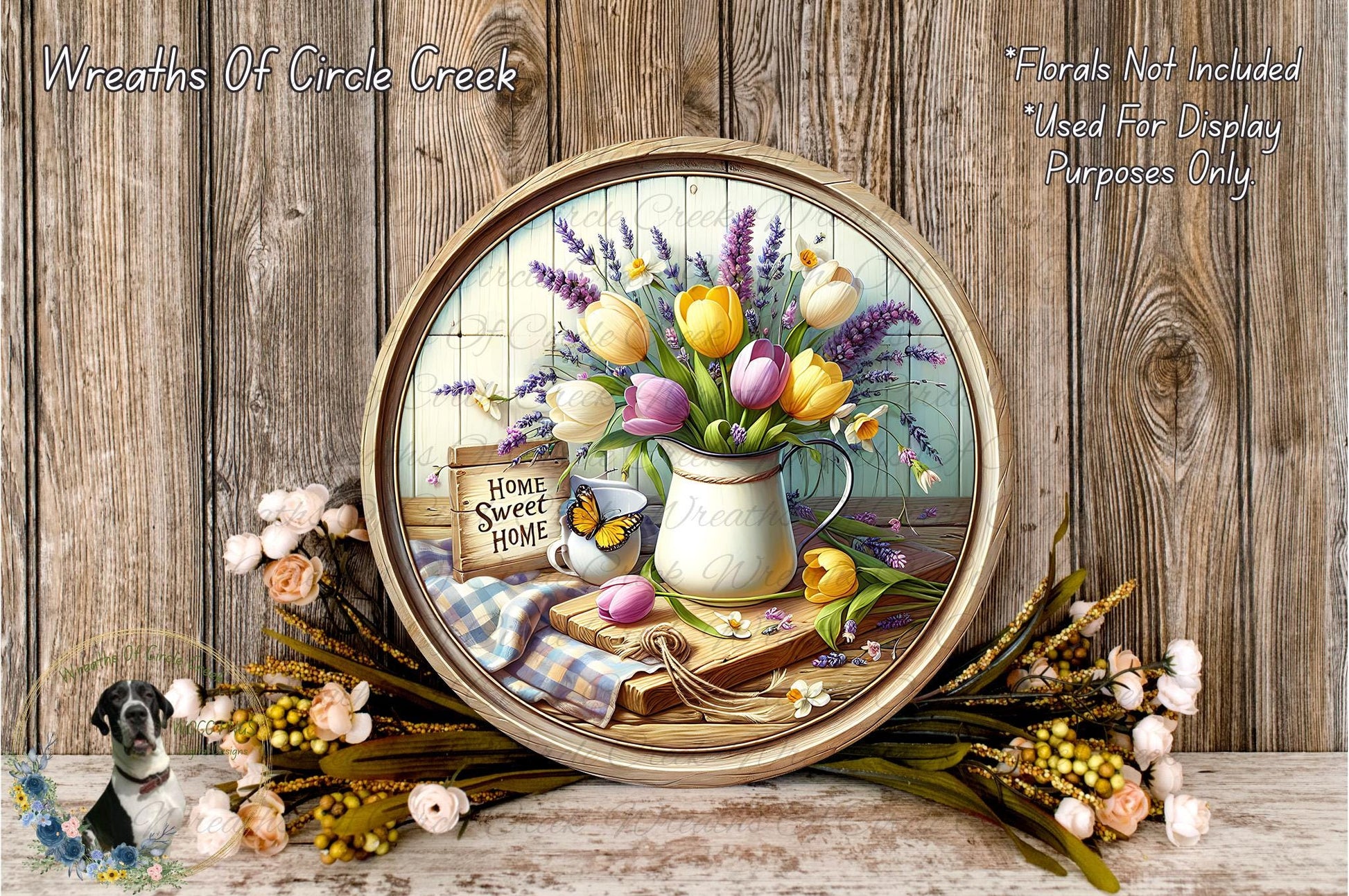 A round wooden frame displaying a painting of a vase filled with colorful flowers, including tulips and lavender, against a rustic wooden background.