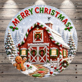 A festive Christmas scene featuring a red barn with a wreath, a gingerbread man, and a snowy landscape with pine trees. The text "Merry Christmas" is displayed above the barn.