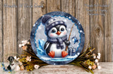 A decorative plate featuring a cute penguin wearing a winter hat and scarf, holding a fishing rod and surrounded by flowers and greenery.