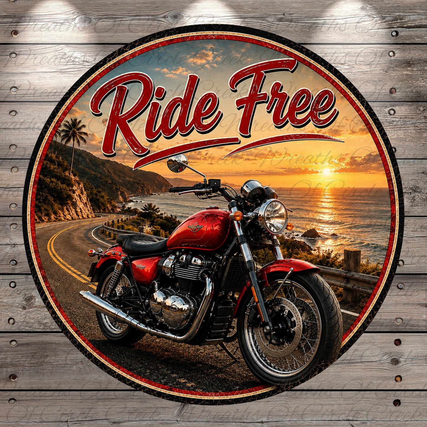 A red motorcycle is parked on a road with a scenic sunset in the background.