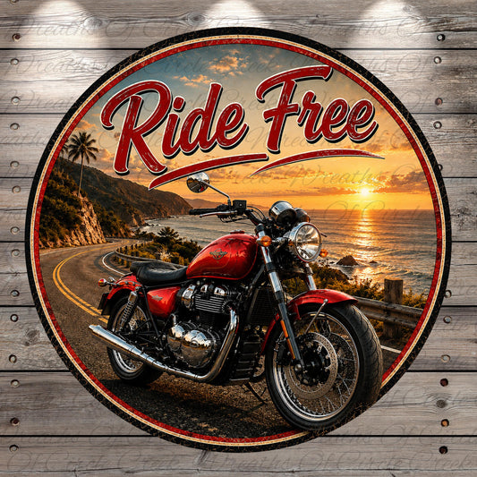 A red motorcycle is parked on a road with a scenic sunset in the background.