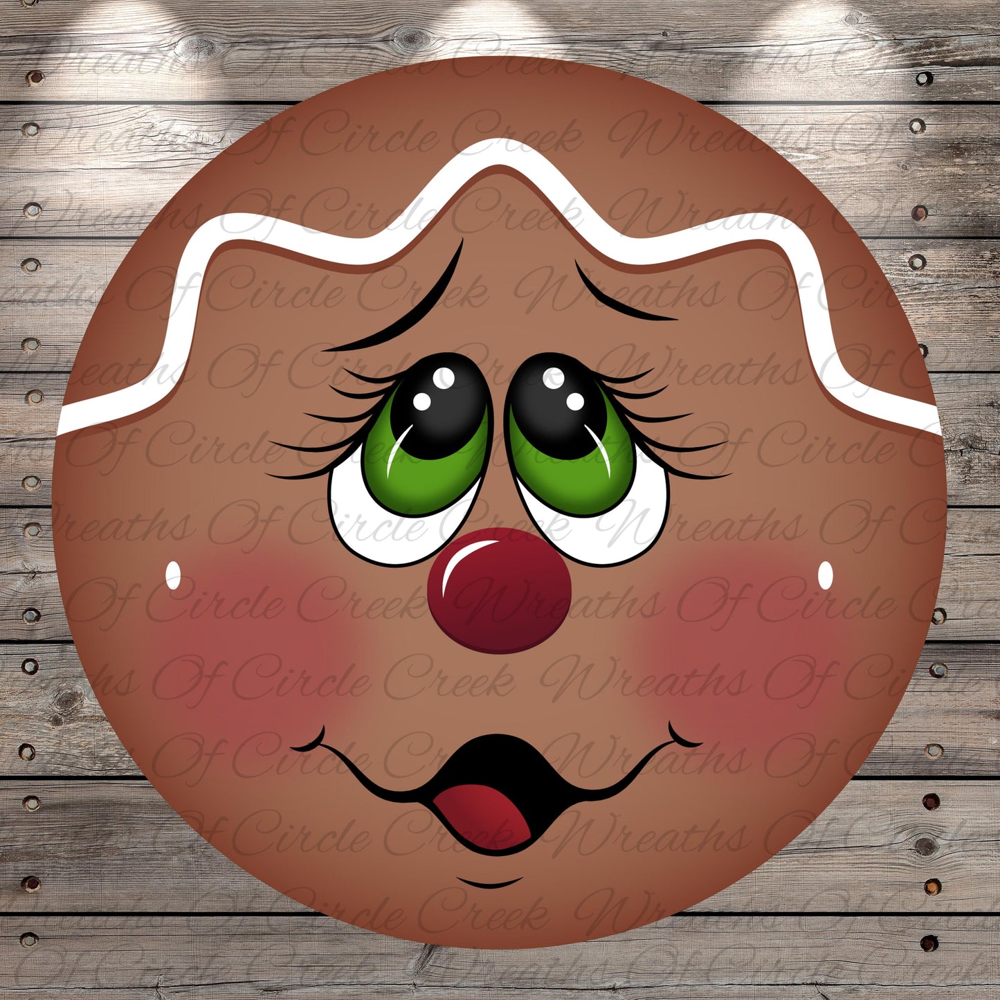 A close-up of a gingerbread man face with large eyes, a red nose, and a wide smile, set against a wooden background.