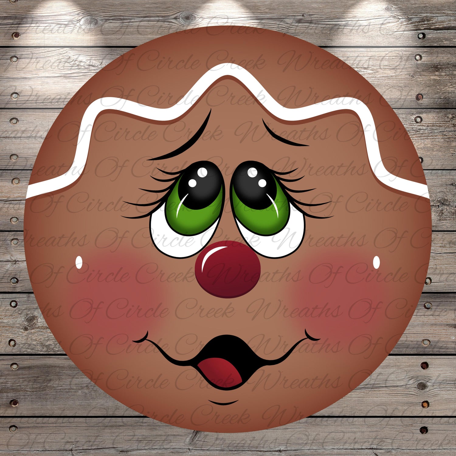 A close-up of a gingerbread man face with large eyes, a red nose, and a wide smile, set against a wooden background.
