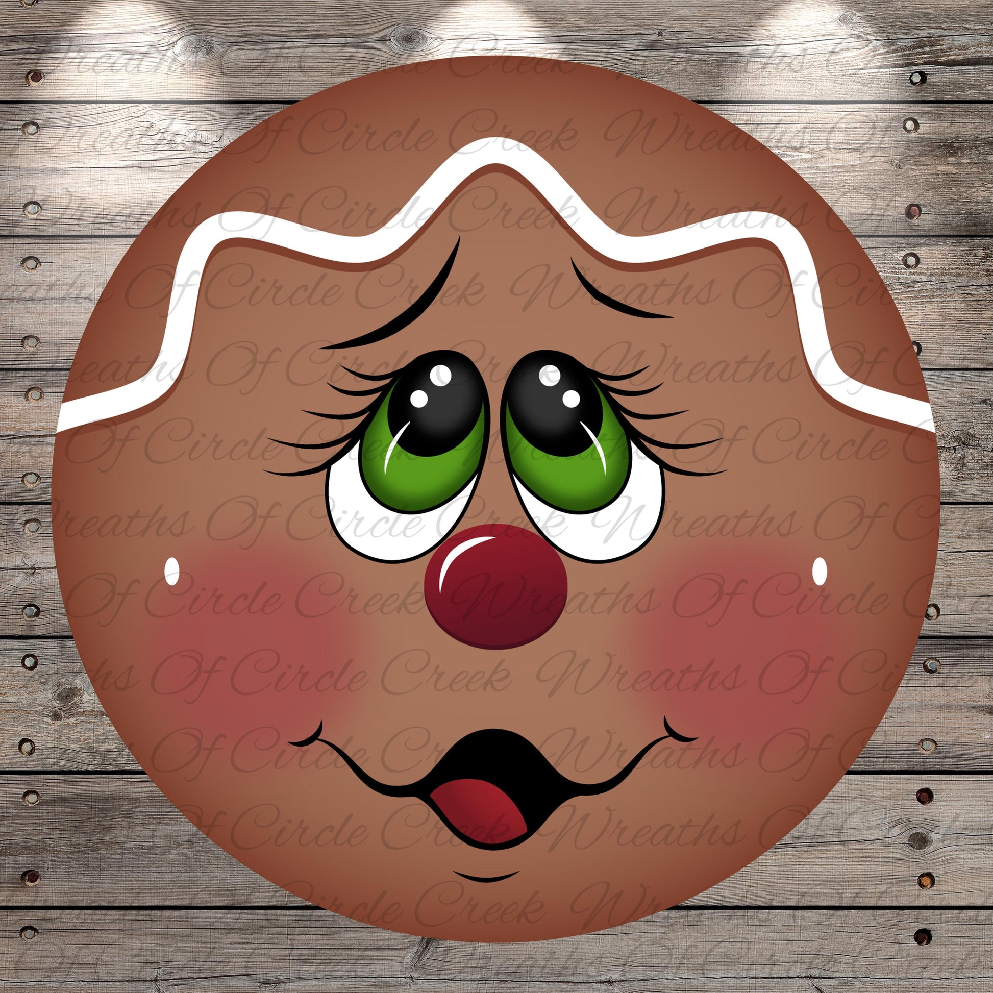 A close-up of a gingerbread man face with large eyes, a red nose, and a wide smile, set against a wooden background.