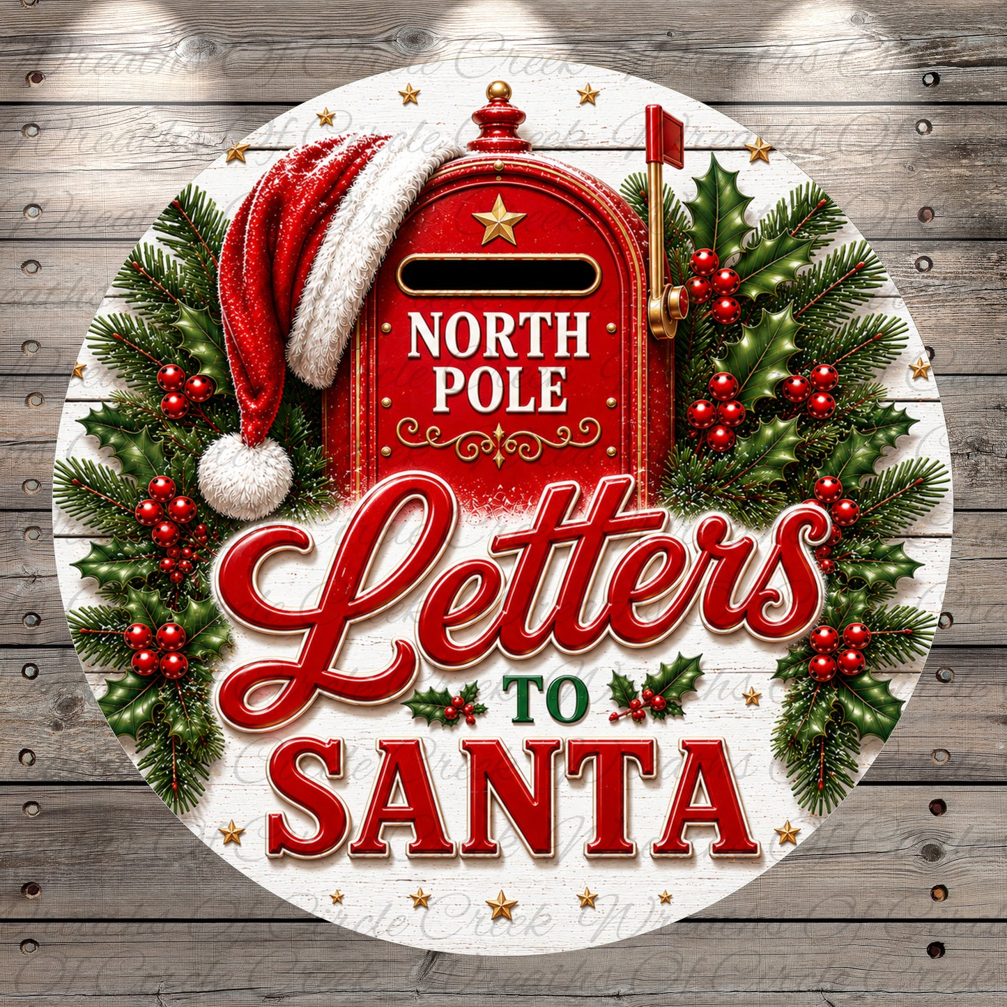 A festive Christmas-themed design featuring a red mailbox with a Santa hat, surrounded by holly leaves, berries, and the text "Letters to Santa".