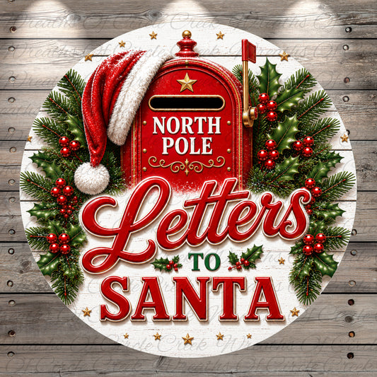 A festive Christmas-themed design featuring a red mailbox with a Santa hat, surrounded by holly leaves, berries, and the text "Letters to Santa".