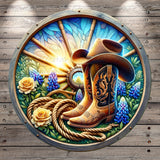 A cowboy hat and boots are displayed on a wooden wall, surrounded by flowers and a rope, creating a rustic and western-themed scene.