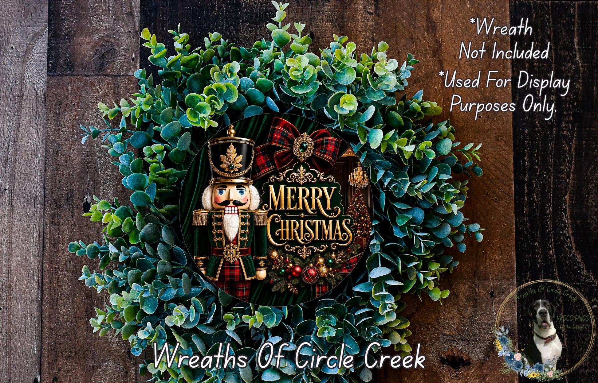 A wreath made of green leaves and a nutcracker nutcracker, with the text "Merry Christmas" displayed on it.