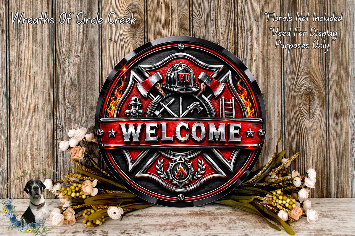 a decorative sign with a firefighter's helmet and firefighting tools, surrounded by flowers and placed on a wooden surface.