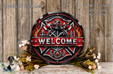 a decorative sign with a firefighter's helmet and firefighting tools, surrounded by flowers and placed on a wooden surface.