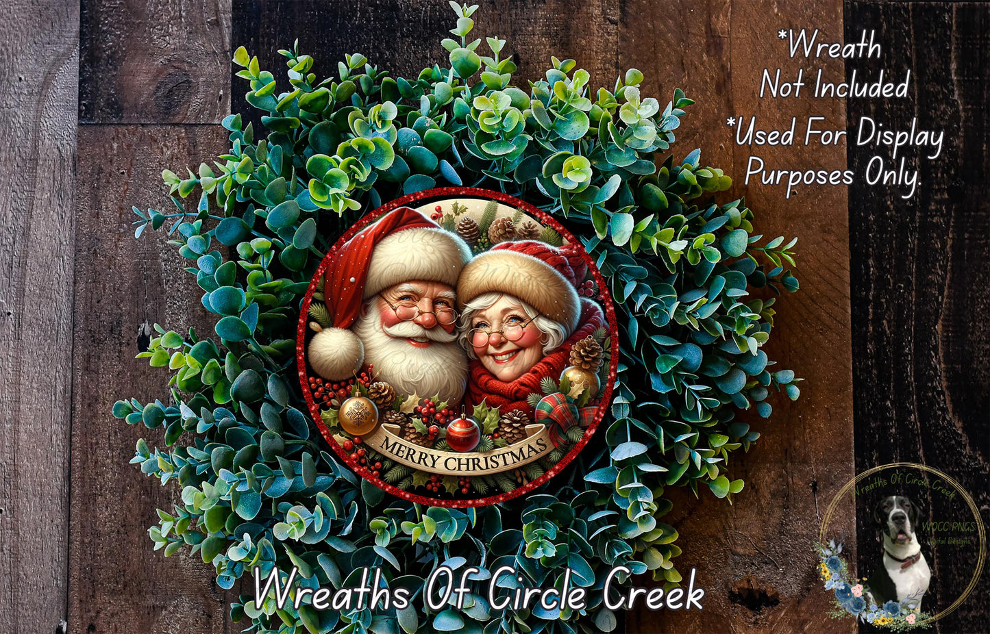 A wreath featuring Santa Claus and an elderly woman, surrounded by greenery, with the text "Merry Christmas" and "Weights of Circle Creek" displayed.