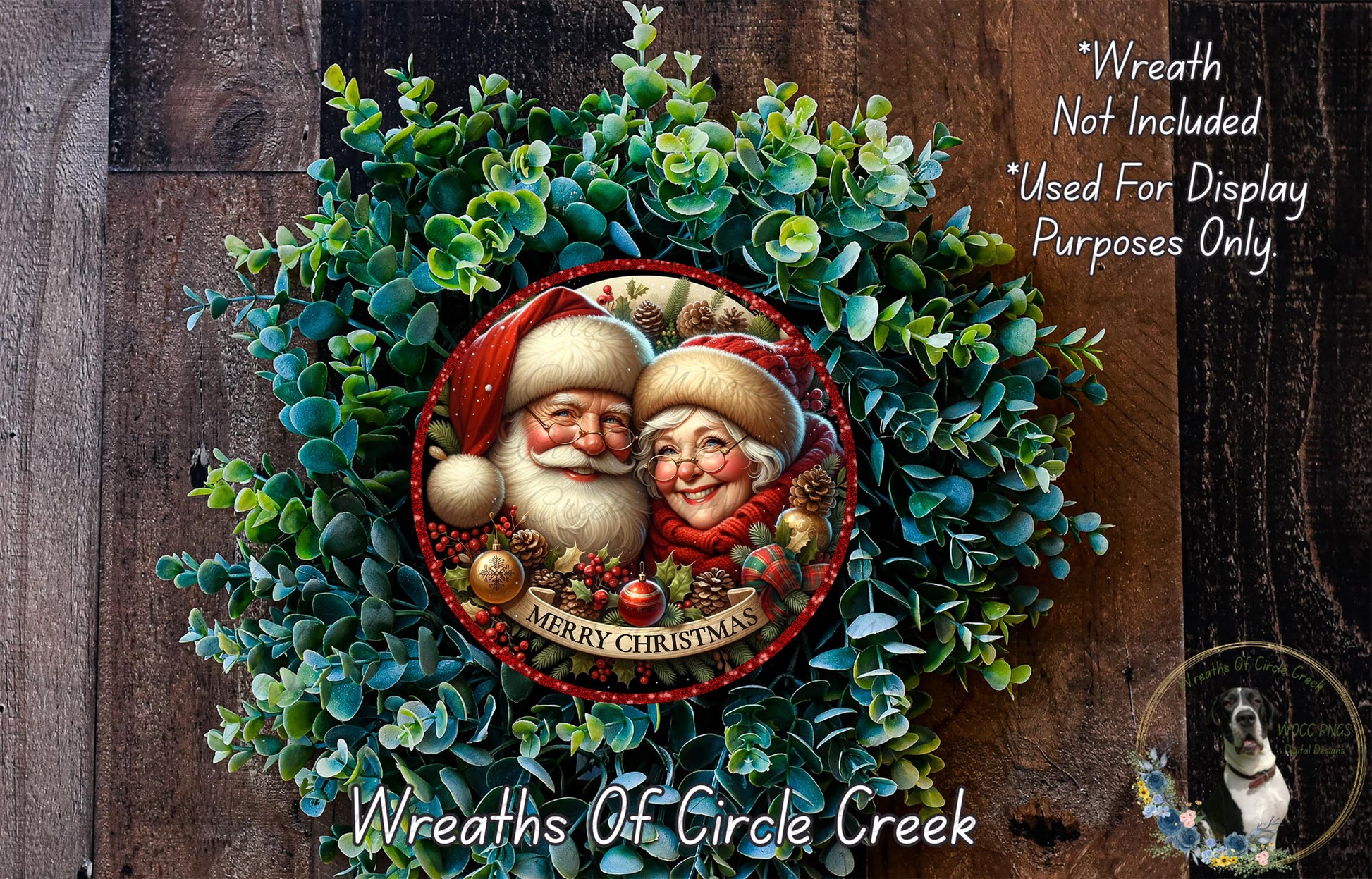 A wreath featuring Santa Claus and an elderly woman, surrounded by greenery, with the text "Merry Christmas" and "Weights of Circle Creek" displayed.