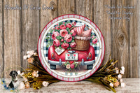 a decorative plate with a vintage car and a basket of flowers, placed on a wooden surface.
