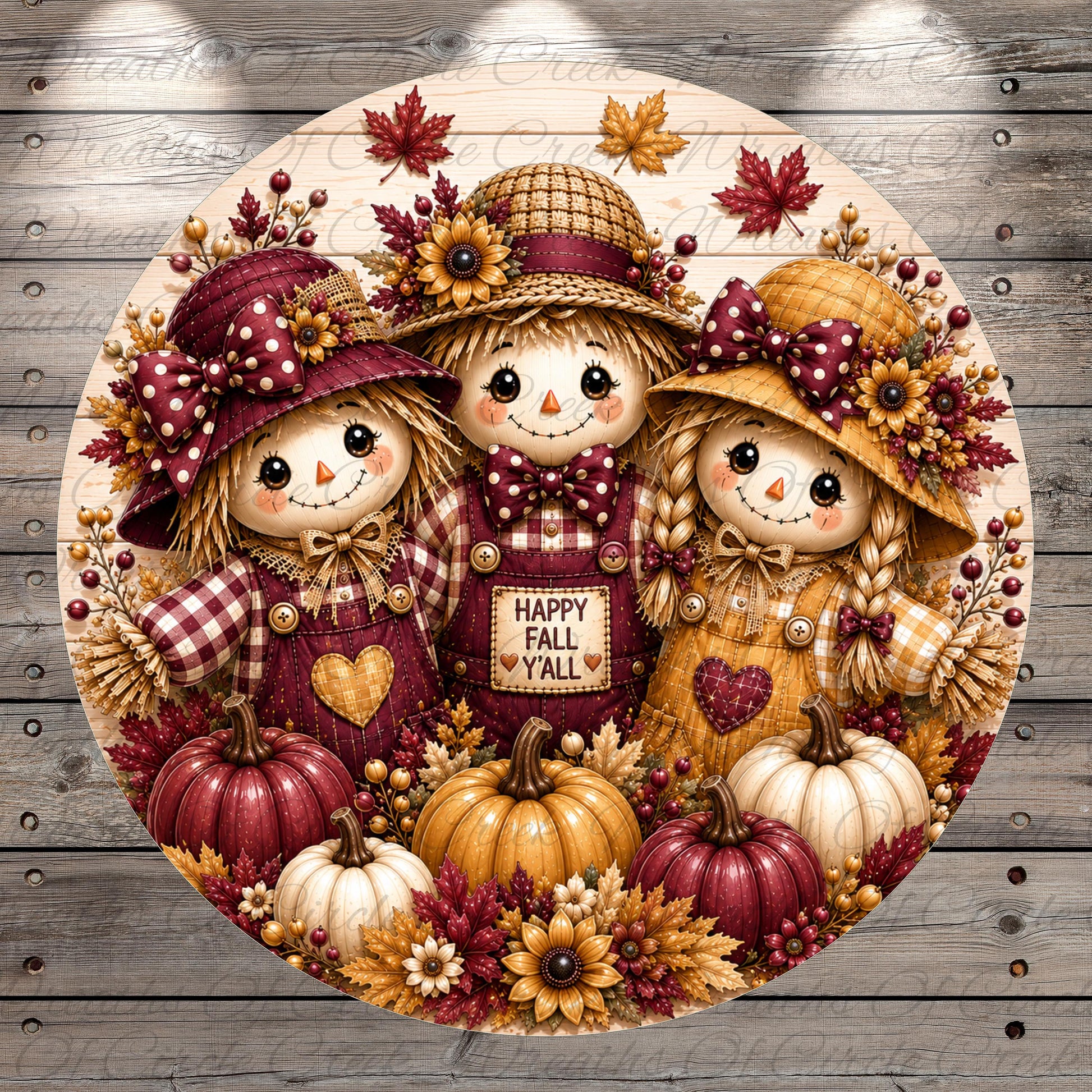 A round, decorative image featuring three scarecrow dolls surrounded by autumn-themed elements such as pumpkins, flowers, and leaves.