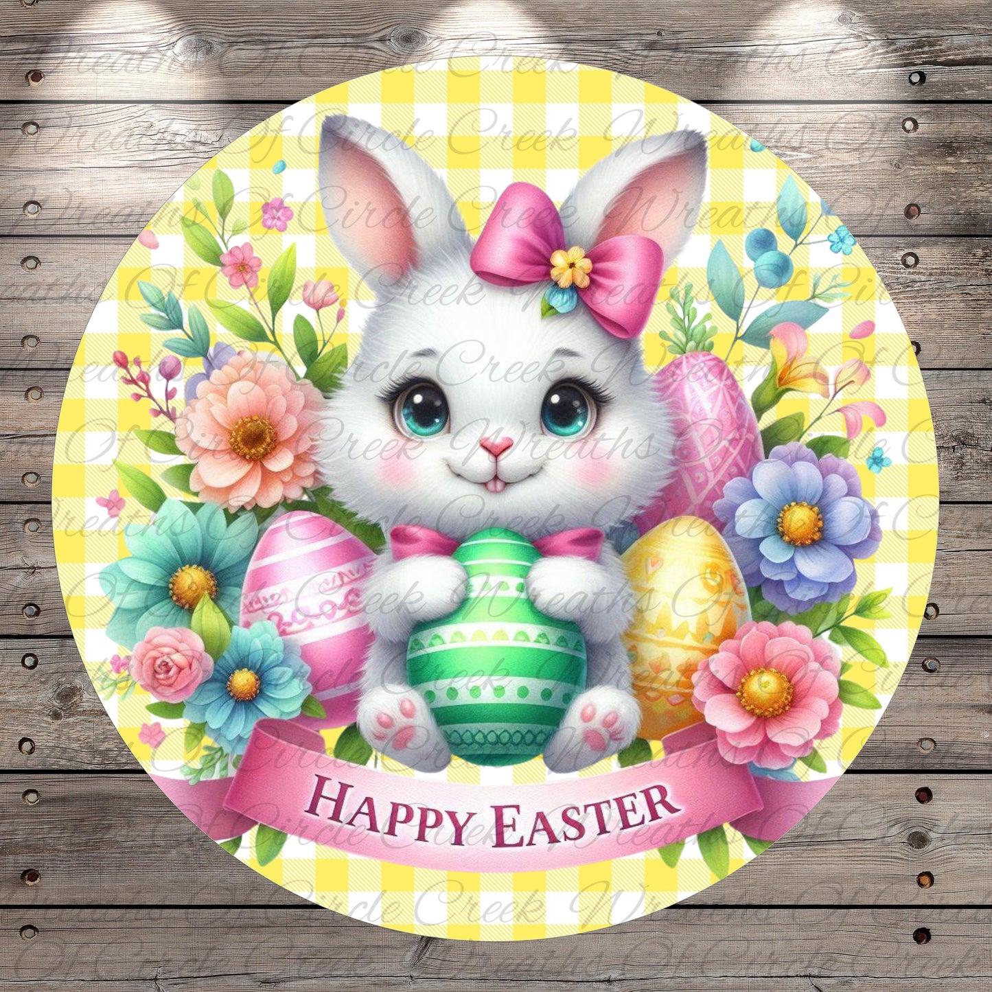 A cheerful Easter bunny holding a green Easter egg and surrounded by colorful flowers and a pink bow, with the text "Happy Easter" displayed below.
