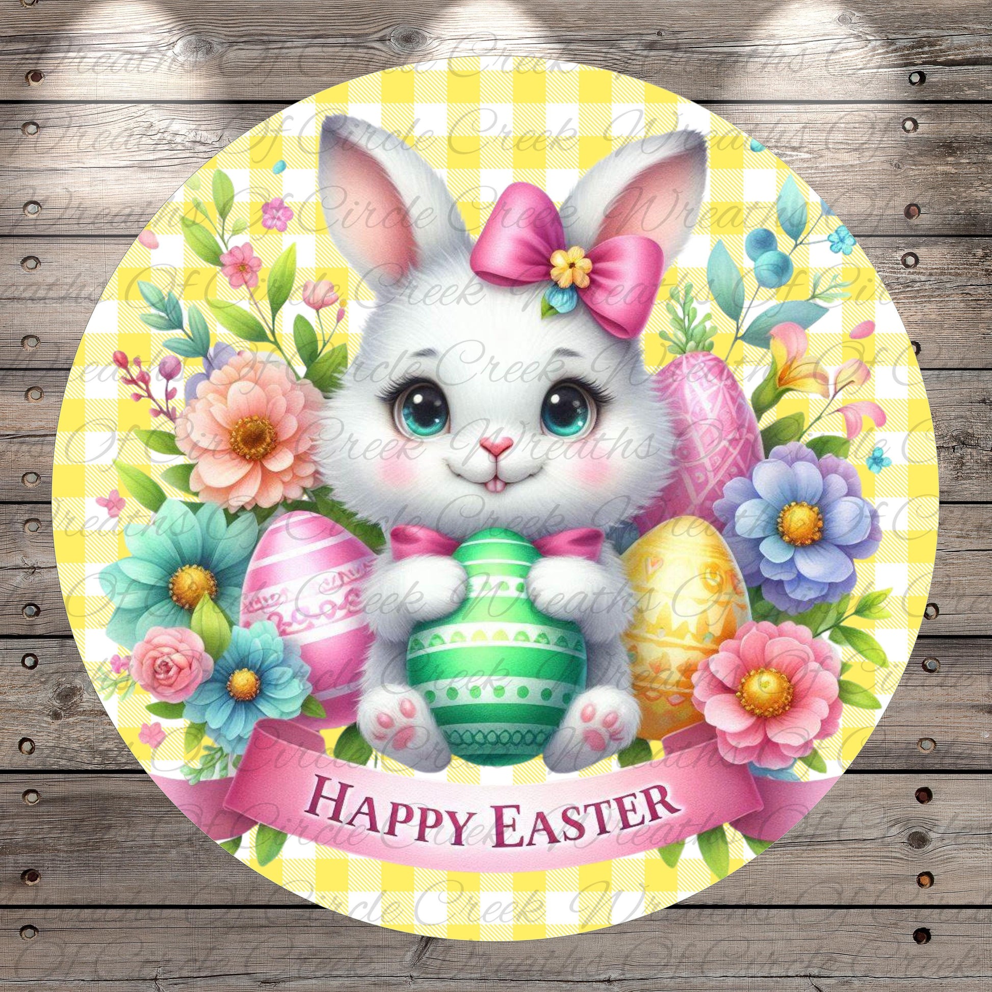 A cheerful Easter bunny holding a green Easter egg and surrounded by colorful flowers and a pink bow, with the text "Happy Easter" displayed below.