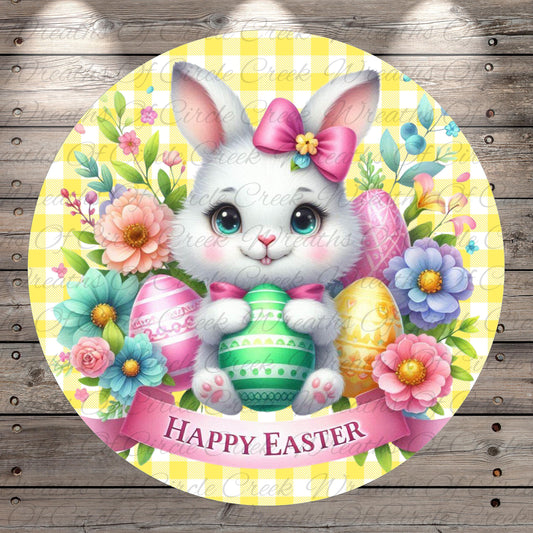 A cheerful Easter bunny holding a green Easter egg and surrounded by colorful flowers and a pink bow, with the text "Happy Easter" displayed below.