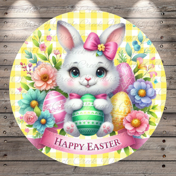 A cheerful Easter bunny holding a green Easter egg and surrounded by colorful flowers and a pink bow, with the text &quot;Happy Easter&quot; displayed below.